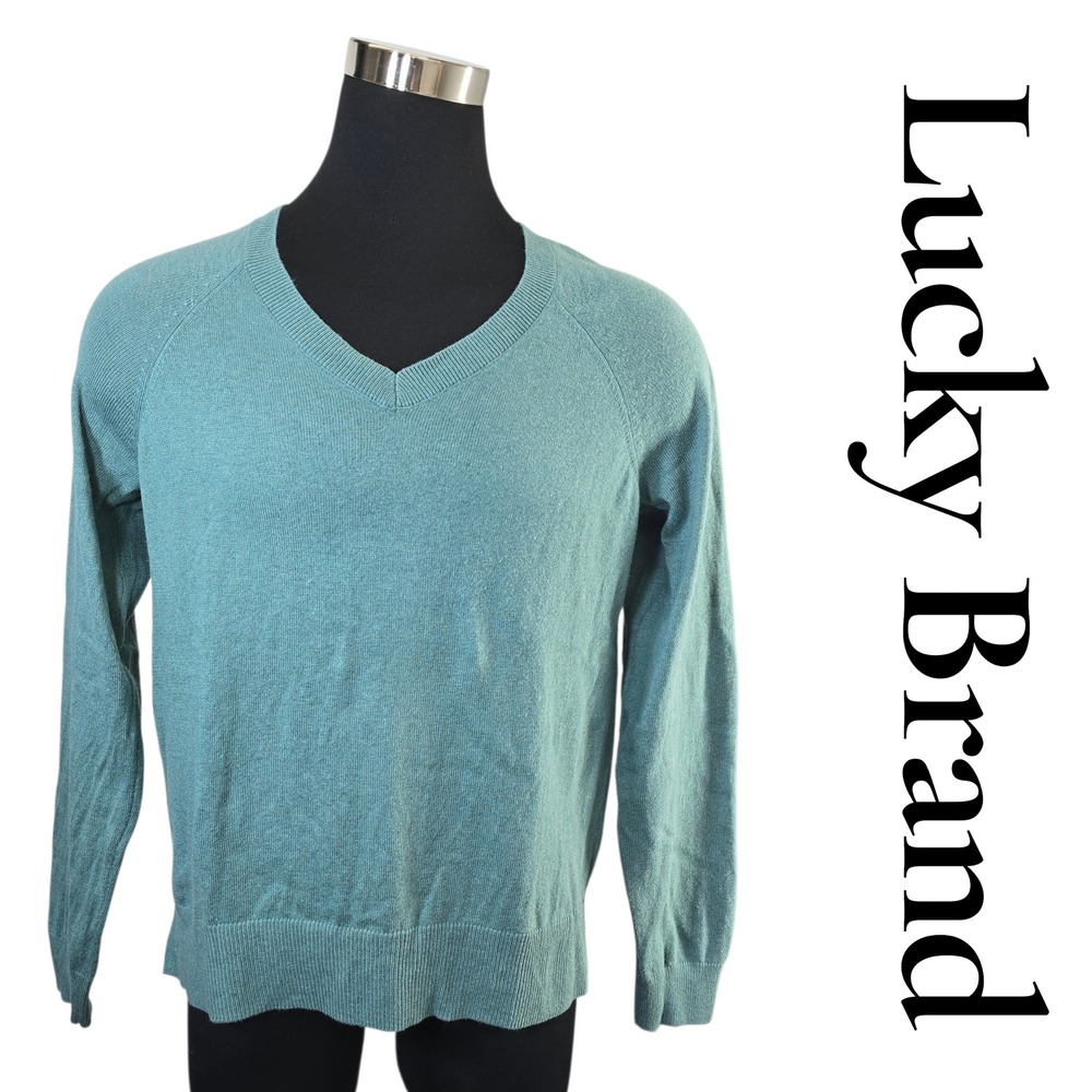 Lucky Brand Sweater M Mint Blue Cotton Blend‎ V-Neck Raglan Classic Minimalist
